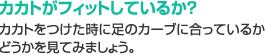 カカトがフィットしているか？　カカトをつけた時に足のカーブに合っているかどうかを見てみましょう。